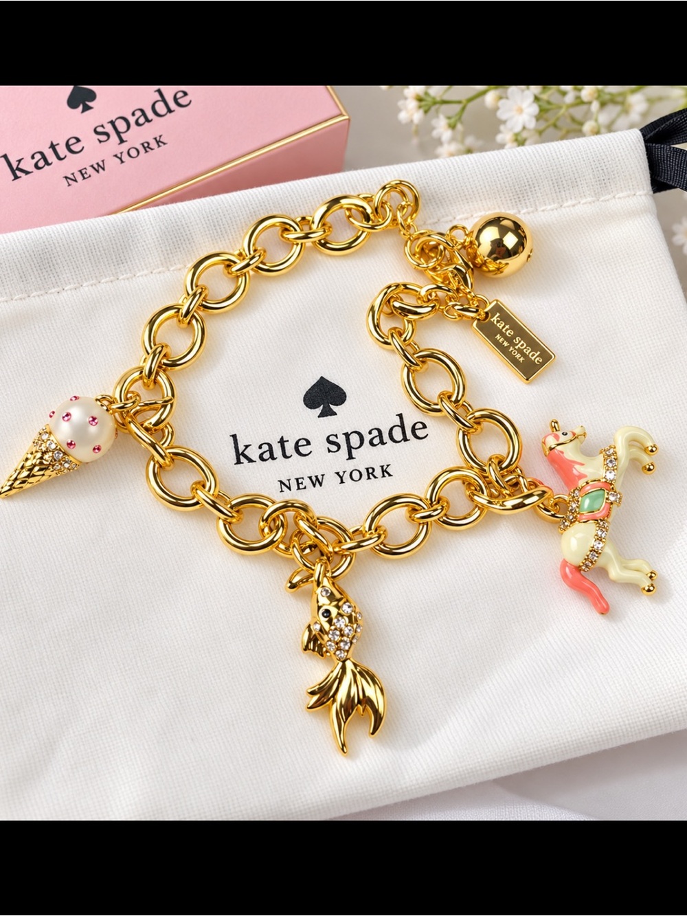 kate spade Gold Charm Bracelet with Pink & Cream Enamel Accents